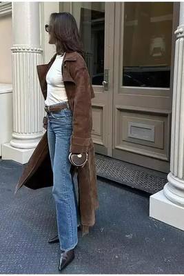 Women’s brown suede belted full-length safari-inspired leather trench coat 3