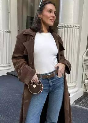 Women’s brown suede belted full-length safari-inspired leather trench coat 4