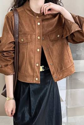 Women’s brown suede lambskin leather jacket- multiple button pockets 3