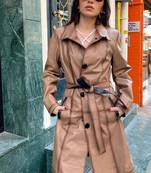 Women’s black furr collar  full-length safari-inspired leather trench coat