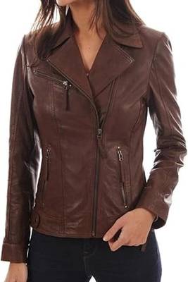 Women’s brown lambskin leather jacket- multiple zipper  biker stylish 1