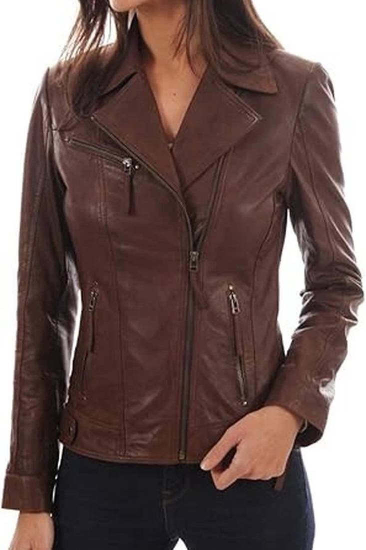 Women’s brown lambskin leather jacket- multiple zipper  biker stylish