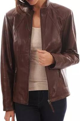 Women’s brown lambskin leather jacket- multiple zipper  biker stylish 3