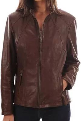 Women’s brown lambskin leather jacket- multiple zipper  biker stylish 4