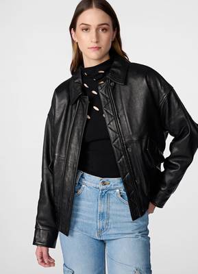 Women’s black bomber lambskin leather jacket -furry color 1