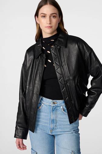 Women’s black bomber lambskin leather jacket -furry color