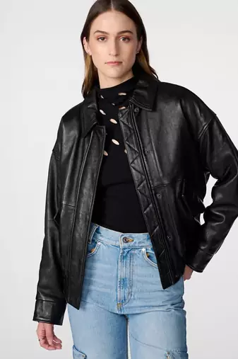 Women’s black bomber lambskin leather jacket -furry color