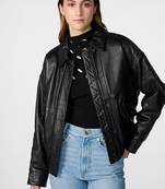 Women’s black bomber lambskin leather jacket -furry color