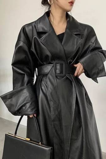 Women’s avant-garde longline black leather trench coat oversized silhouette
