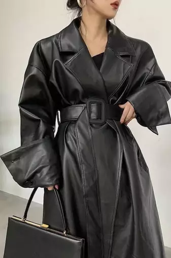 Women’s avant-garde longline black leather trench coat oversized silhouette