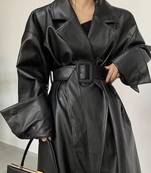 Women’s avant-garde longline black leather trench coat oversized silhouette