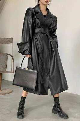 Women’s avant-garde longline black leather trench coat oversized silhouette 2