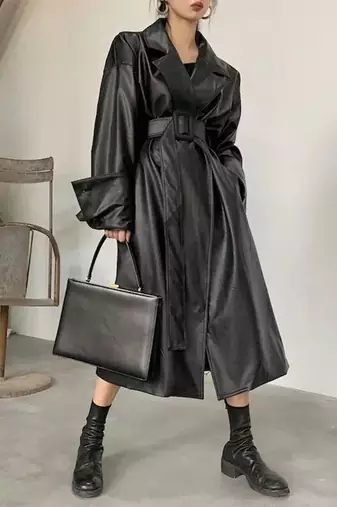 Women’s avant-garde longline black leather trench coat oversized silhouette