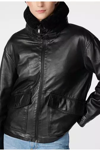Women’s black bomber lambskin leather jacket -furry color
