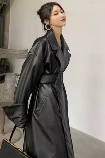 Women’s avant-garde longline black leather trench coat oversized silhouette
