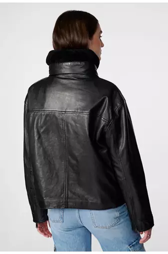 Women’s black bomber lambskin leather jacket -furry color