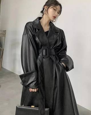 Women’s avant-garde longline black leather trench coat oversized silhouette 4