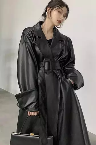 Women’s avant-garde longline black leather trench coat oversized silhouette