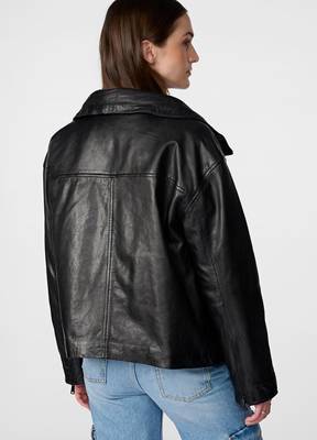 Women’s black bomber lambskin leather jacket -furry color 4