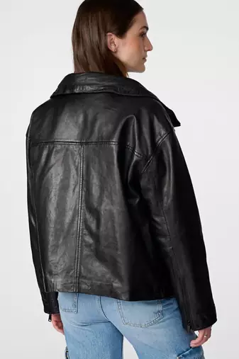 Women’s black bomber lambskin leather jacket -furry color