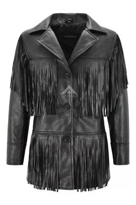 Women’s black leather trench coat western-inspired multi-tiered fringe detailing 1