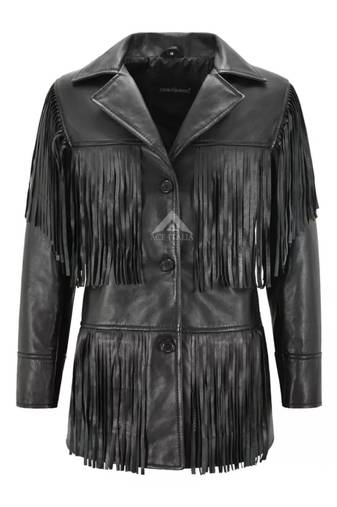 Women’s black leather trench coat western-inspired multi-tiered fringe detailing