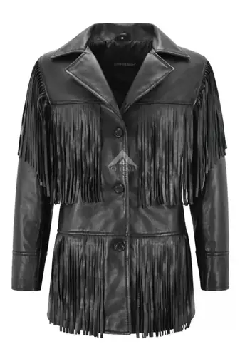 Women’s black leather trench coat western-inspired multi-tiered fringe detailing