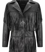 Women’s black leather trench coat western-inspired multi-tiered fringe detailing