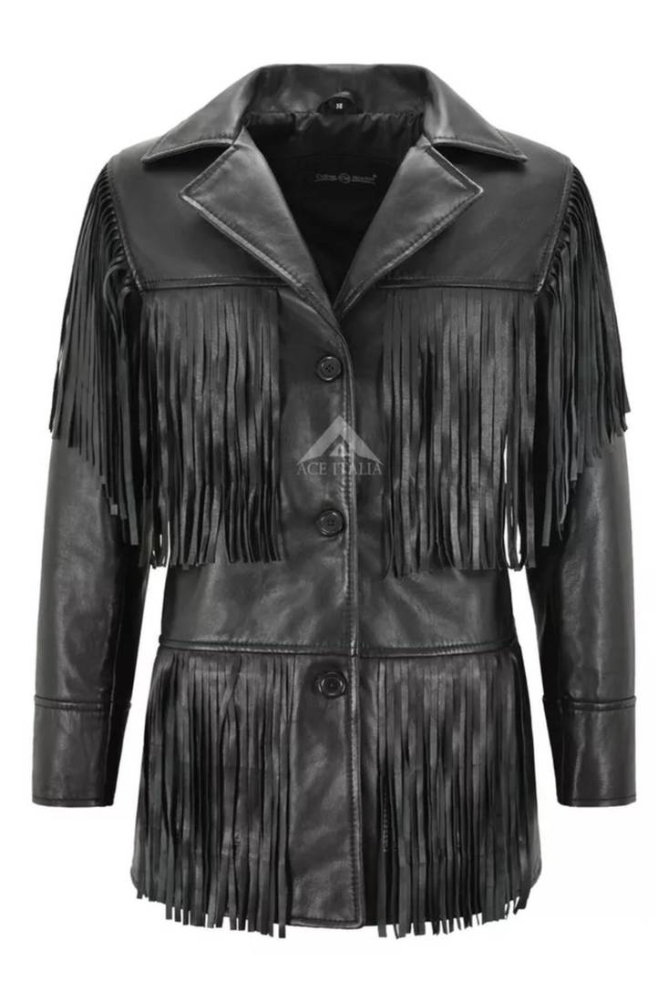 Women’s black leather trench coat western-inspired multi-tiered fringe detailing