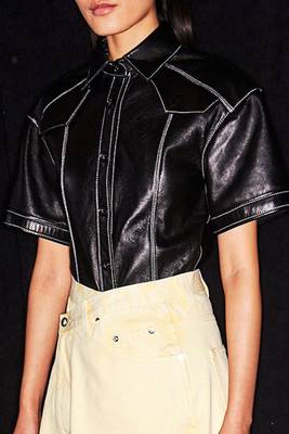 Women’s black korean style trucker leather jacket 1