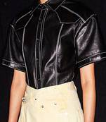 Women’s black korean style trucker leather jacket