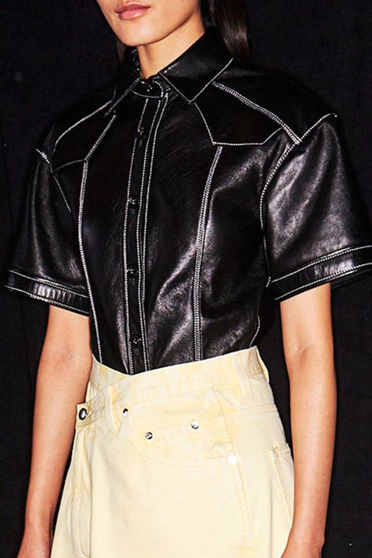 Women’s black korean style trucker leather jacket