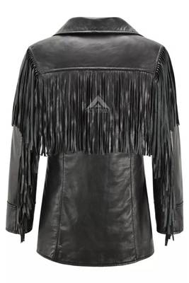 Women’s black leather trench coat western-inspired multi-tiered fringe detailing 2