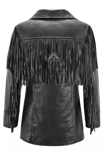 Women’s black leather trench coat western-inspired multi-tiered fringe detailing
