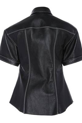 Women’s black korean style trucker leather jacket 2