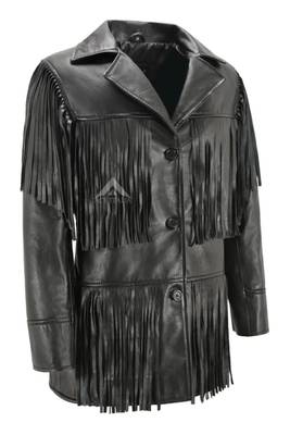 Women’s black leather trench coat western-inspired multi-tiered fringe detailing 3