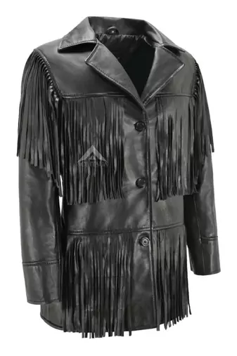 Women’s black leather trench coat western-inspired multi-tiered fringe detailing