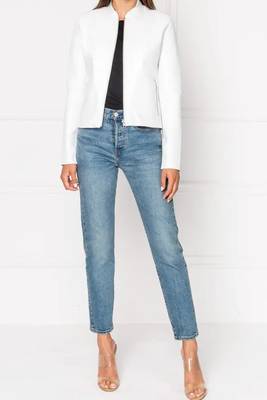 Women’s white lambskin leather jacket- zipper biker stylish look 1