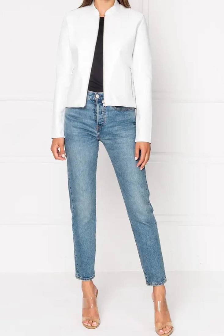 Women’s white lambskin leather jacket- zipper biker stylish look
