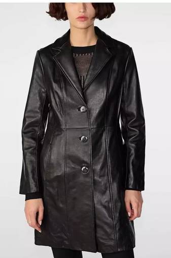 Women’s black leather trench coat western-inspired full sleeve coat