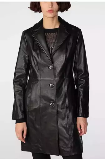 Women’s black leather trench coat western-inspired full sleeve coat