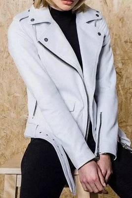 Women’s white lambskin leather jacket- zipper detail  biker stylish look 1