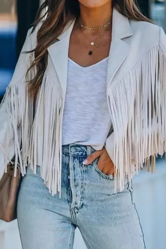Women white lambskin leather jacket-  fringe detailing