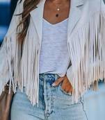 Women white lambskin leather jacket-  fringe detailing