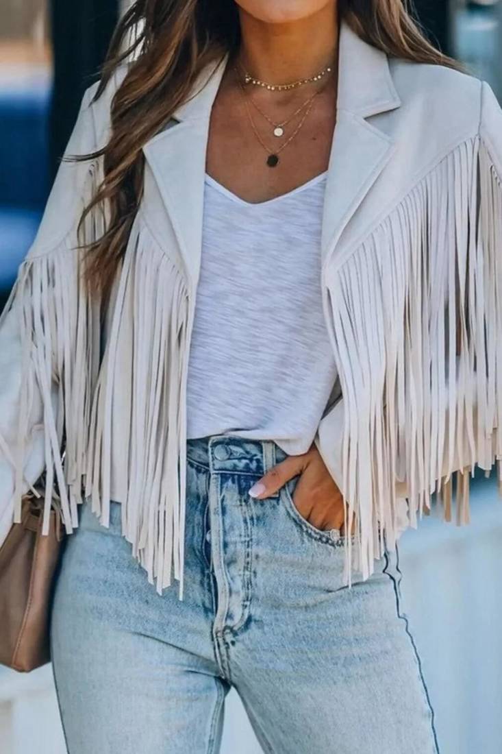 Women white lambskin leather jacket-  fringe detailing