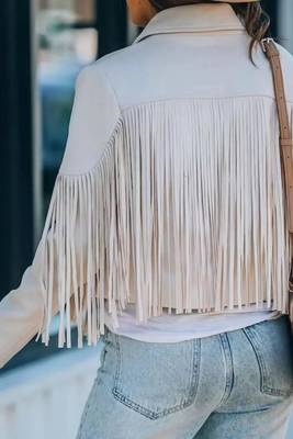 Women white lambskin leather jacket-  fringe detailing 2