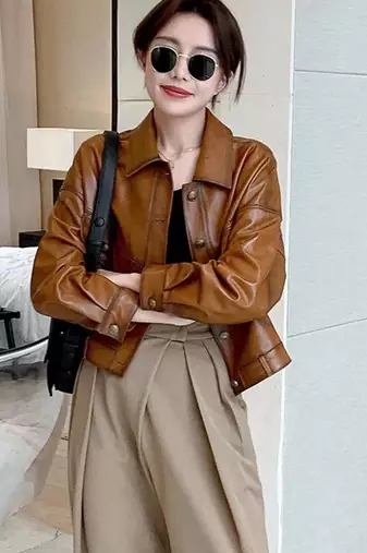 Women brown lambskin leather jacket-button style trucker jacket