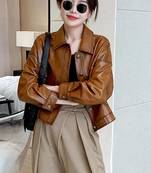 Women brown lambskin leather jacket-button style trucker jacket