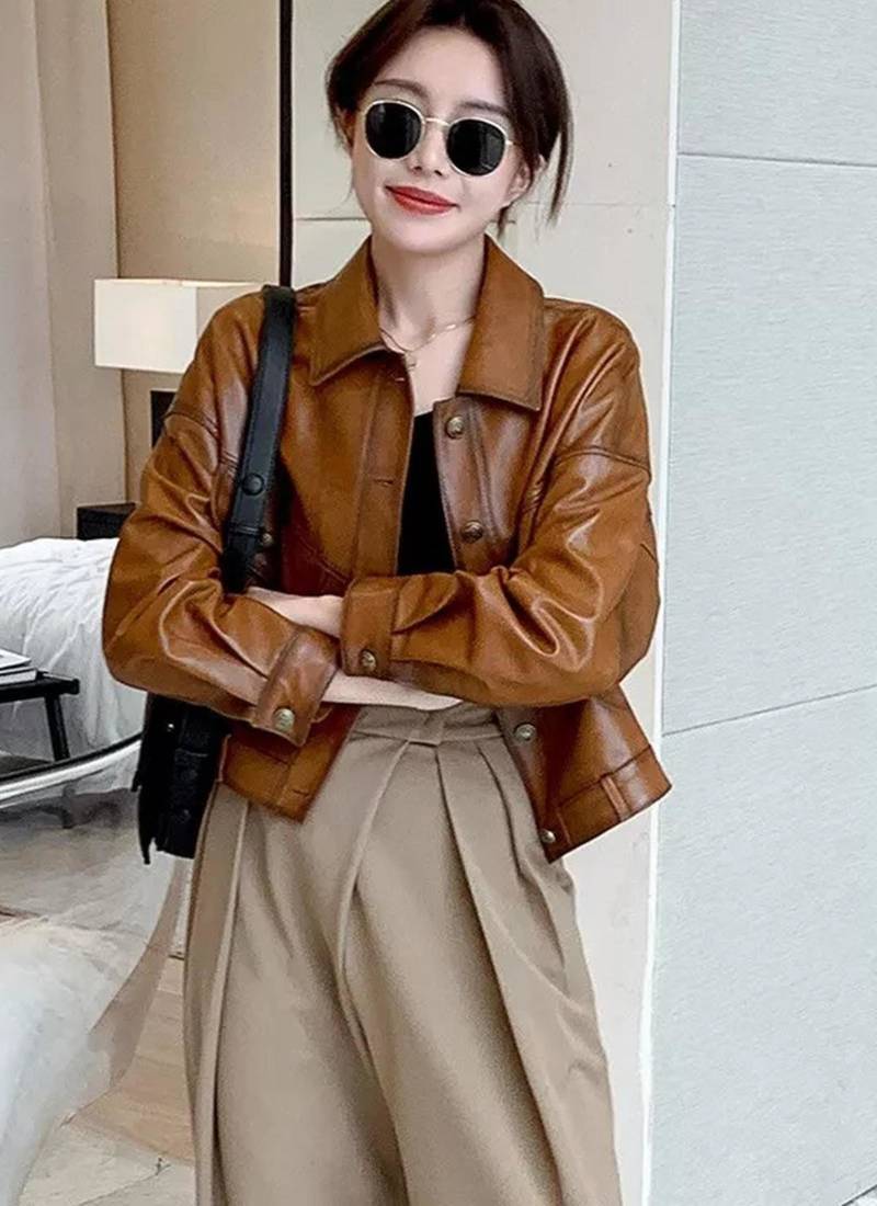 Women brown lambskin leather jacket-button style trucker jacket