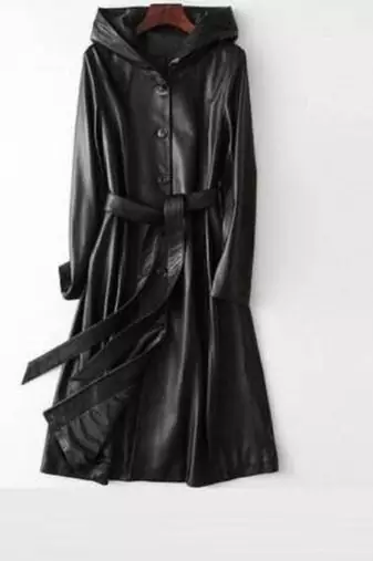 Women’s longline black leather trench coat oversized silhouette